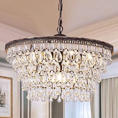 Wellmet Crystal Chandelier, 6-Light 5 Tiers Farmhouse Crystal Light, Adjustable Hanging Bronze Ceiling Lighting Fixture, Modern Foyer Dining Room Chandeliers for Bedroom,Hallway,Bar,Kitchen, W20-inch