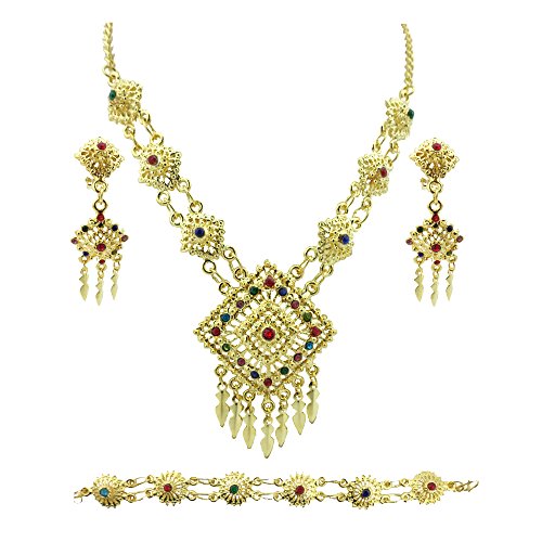 Siwalai Thai Traditional Gold Plated Multicolor Crystals Necklace Earrings Bracelet Jewelry Set 18 Inches