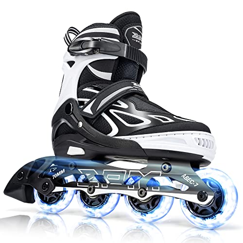 2PM SPORTS Vinal Girls Adjustable Flashing Inline Skates, All Wheels Light Up, Fun Illuminating Skates for Kids and Men- White Medium