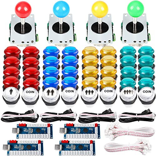 JUYEER Upgraded 4-Player LED DIY Arcade Kit - 40x 5V LED Arcade Buttons + 4X Zero Delay LED USB Encoder + 4X 4/8 Way Joysticks for PC, Windows, MAME, Raspberry Pi (Mixed Color Kit)