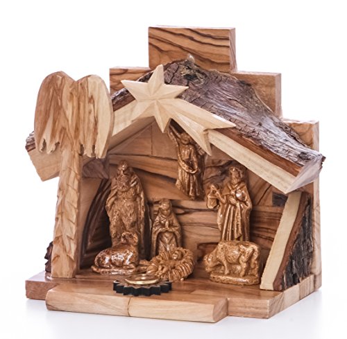 Zuluf Small Hand Carved Nativity Set Scene with Bark Roof Made in Bethlehem | Comes with Holy Land Olive Wood Certificate | 4.7 Inches | NAT022 12x12x8.7cm