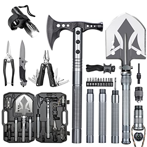 ZENHOSIT Multifunctional Folding Tactical Shovel Hatchet Combo - With Axe, Flashlight, Extension Handles - For Camping, Cycling, Hiking - 19.3-40.9 Inches
