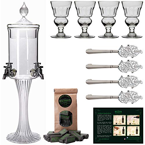 ALANDIA Absinthe Fountain Set Heure Verte | 1x Fountain with 4 spouts | 4X Absinthe Glasses | 4X Absinthe Spoons | 1x Absinthe Sugar Cubes | Drink Absinthe The Traditional Way!