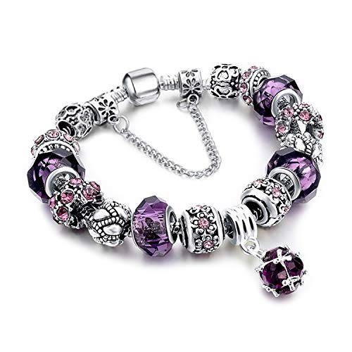 MUERDOU Mother Charms Bracelet for Girls and Women Murano Glass Beads Butterfly Flower Charms Amethyst Bracelets (Amethyst charm bracelet)
