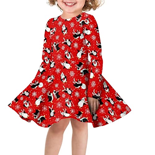 TOADDITDO Red Midi Dress for Toddlers Girls Size 11-12 Years Christmas Penguin Snowflake Print Twirl Skirt Lightweight Thin Crew Neck Playwear Winter Wedding Guest Home Party Jumpskirt