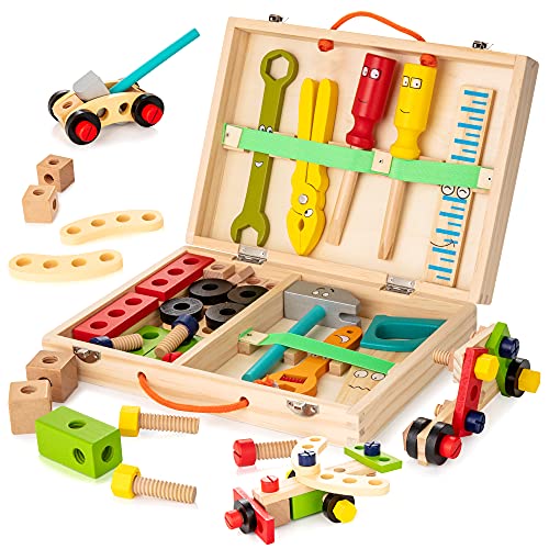 KIDWILL Tool Kit for Kids, Wooden Toddler Tools Set Including Tool Box & DIY Stickers, Montessori Educational STEM Construction Toys for 3 4 5 6 7 Years Old Boys Girls, Best Birthday Gift for Kids