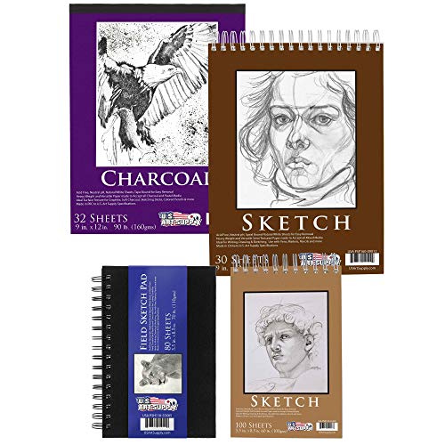 U.S. Art Supply Set of 4 Different Stylesof Sketching and Drawing Paper Pads (242 Sheets Total) - 2 Each 5.5' x 8.5' and 9' x 12' Premium Spiral Bound Sketch, Draw, Charcoal Pencil, Mixed Media Pads