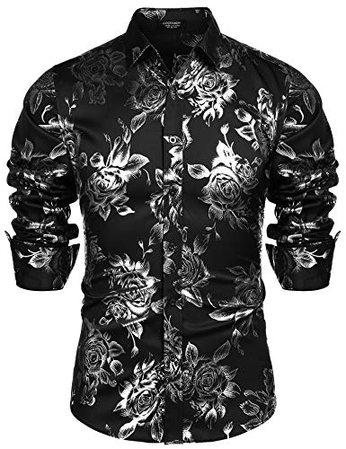 COOFANDY Mens Luxury Design Flower Print Dress Prom Disco Party Shirt, Black, Large, Long Sleeve