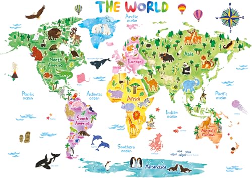 DECOWALL DL3-1615 Animal World Map Kids Wall Stickers Wall Decals Peel and Stick Removable Wall Stickers for Kids Nursery Bedroom Living Room (XLarge) Decor