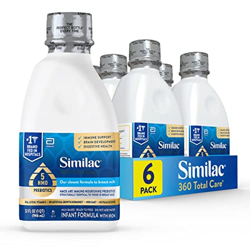 Similac 360 Total Care Infant Formula, Has 5 HMO Prebiotics, Our Closest Prebiotic Blend to Breast Milk, Non-GMO, Baby Formula, Ready to Feed, 32-fl-oz Bottle, Pack of 6