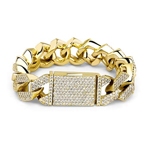 TOPGRILLZ 20mm 6 Times 14K Gold Plated Full Iced Out Prong Setting Cubic Zirconia Box Clasp Miami Cuban Link Bracelet for Men Hip Hop (Gold-Plated-Brass, 7)