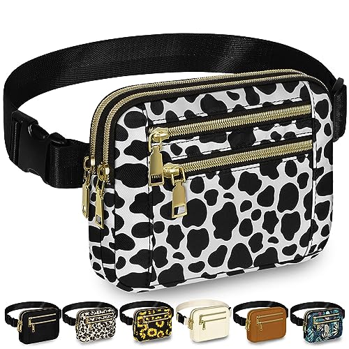 Capolo Fanny Packs for Women Fashion Waist Packs Bag with Adjustable Strap and 4 Zipper Pockets Waterproof Everywhere Crossbody Belt Bag for Workout Running Travelling(Cow Print)