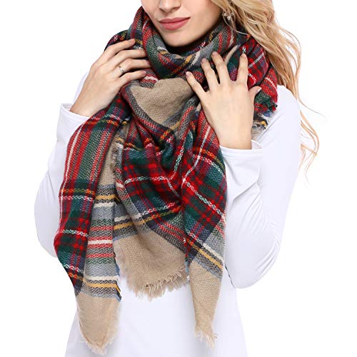 Bess Bridal Women's Plaid Blanket Winter Scarf Warm Cozy Tartan Wrap Oversized Shawl Cape (One Size, Camel)