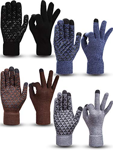 SATINIOR 4 Pairs Winter Knit Touchscreen Gloves Warm Texting Gloves Elastic Anti-slip Gloves for Adults (Black, Navy, Coffee, Grey, L)