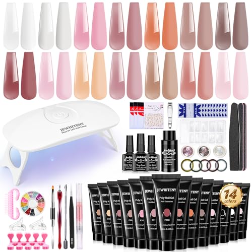 JEWHITENY Poly Extension Gel Nail Kit 14 PCS Poly Gel With Mini Nail Lamp Poly Nail Gel Kit with Slip Solution Basic Poly Gel Nail Art Tools Nail Art Design Beginner Kit