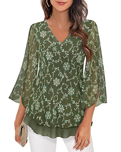 Timeson Womens 3/4 Sleeve Tops and Blouses,Womens Tunics to Wear with Leggings Dressy Ladies Office Work Shell Tops A Line Spring Long Shirts Printed Fancy Business Casual Clothes Silk Moss Green L