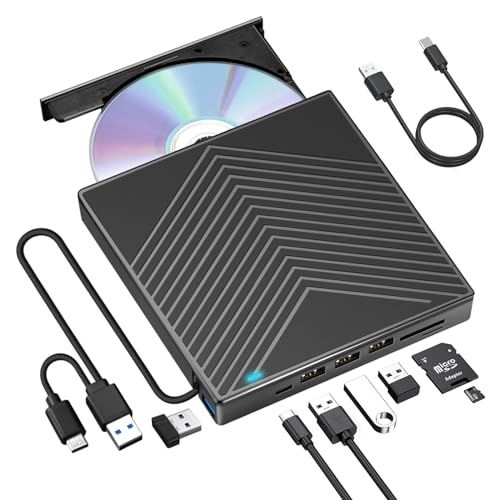 ROOFULL External CD DVD Drive 8 in 1 USB 3.0 Slim CD/DVD Burner Player with 4*USB Ports and 2*SD/TF Card Reader, Portable CD/DVD-ROM +/-RW Disk Drive Adapter for Laptop PC Windows 11/10/8/7 Mac Linux