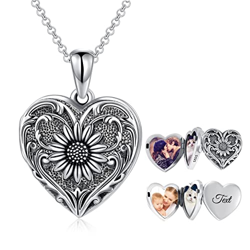 SOULMEET Personalized Sunflower Heart Locket Sterling Silver Necklace That Holds 4 Pictures Memory Photo Lockets Custom Any Photo (Custom Photos & Text)