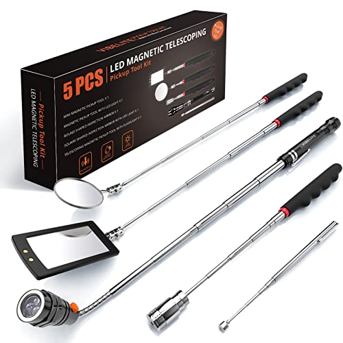 Telescoping Magnetic Pick Up Tool with 1 lb and 15 lb Pickup Rod, Round and Square 360 Swivel Adjustable Inspection Mirror and Flexible LED Flashlight, Christmas Gifts Stocking Stuffers for Men
