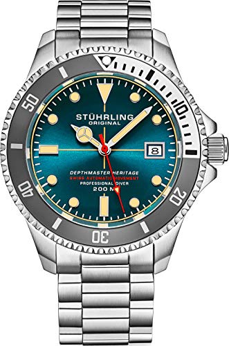 Stuhrling Original Mens Swiss Automatic Stainless Steel Professional DEPTHMASTER Dive Watch, 200 Meters Water Resistant, Brushed and Beveled Bracelet with Divers Safety Clasp and Screw Down Crown