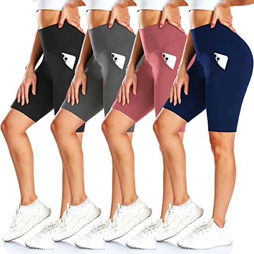 FULLSOFT 4 Pack Biker Shorts for Women – 8' High Waist Tummy Control Workout Yoga Running Compression Exercise Shorts with Pockets(4 Pack Black/Navy Blue/Grey/Pink,Large-X-Large)