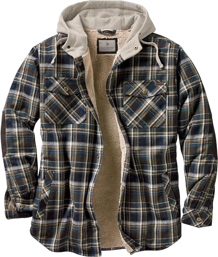 Legendary Whitetails Men's Standard Camp Night Berber Lined Hooded Flannel Shirt Jacket, Upland Plaid, Large