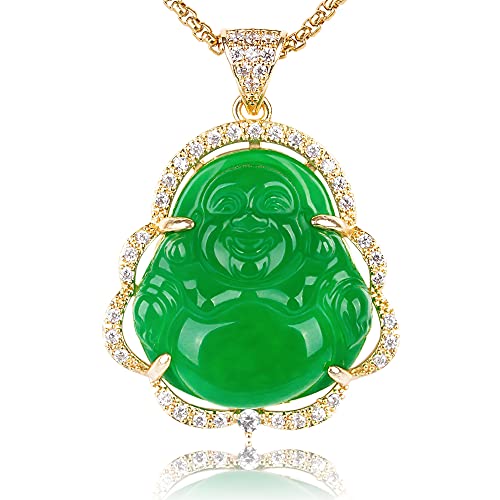 ASGIFT Good Luck Laughing Buddha Necklace Luxury Green Jade Buddha Statue Cubic Zirconia Pendant with 18K Gold Plated Chain Dainty Crystal Buddah Necklaces Jewelry Gifts