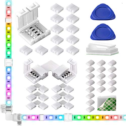 Jin&Bao LED Strip Light Connectors, 10mm Unwired 4 Pin 5050 RGB LED Light Strips Connectors kit,12 Gapless Connectors, 6 Corner Connectors for Multicolor LED Strip 5V 12V 24V 20Wire Clips 2 Open Tool