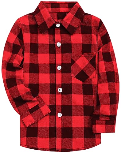 SANGTREE Boys Flannel Shirt Long Sleeve Button Down Plaid Shirt Red Black, 14-15 Years = Tag 185