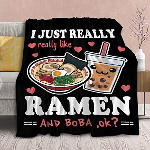 Ramen Boba Blanket Anime Fleece Throws, Kawaii Gift for Girls Teen Loves Noodles Bubble Tea 40x50 Inches Super Soft Lightweight Flannel Blankets, Suitable for All-Season and Bed Sofa