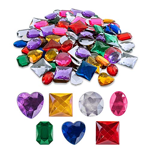 Super Z Outlet 1' Assorted Colorful Adhesive Stick-On Heart Star Round Shaped Jewel Gems for Arts & Crafts, Themed Party Decoration Accessories, Children Activities (100 Pack)