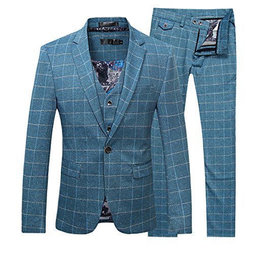 Men's Plaid Modern Fit 3-Piece Suit Blazer Jacket Tux Vest & Trousers, Blue, Medium.