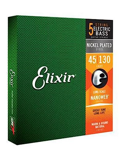 Elixir Strings Nickel Plated Steel 5-String Bass Strings w NANOWEB Coating, Long Scale, Light (.045-.130)