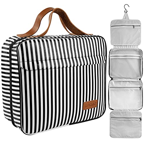 WDLHQC Hanging Travel Toiletry Bag with Hook | Water Proof Zip Bag with 4 Compartments + 2 Outer Zip Pockets | Cosmetic Travel Bag for Toiletries | Travel Essentials for Women & Men (Black Stripe)