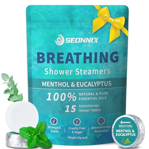 SEONNIX Shower Steamers Aromatherapy 15 Pack, Menthol & Eucalyptus Shower Bombs with Natural Essential Oils, Quick Relief Nasal Congestion, Christmas Gifts Stocking Stuffers for Women and Men