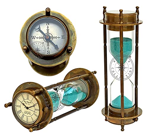 Hanzla Collection Marine Antique Brass Compass Hourglass Nautical Maritime Sand Timer & Desk Clock Vintage Hour Glass Metal Sand Watch Sand Clock Decorative Sandglass for Gift & Home Desk Office Decor