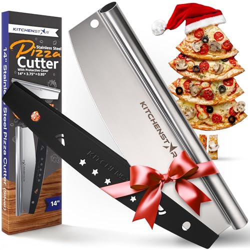 14” Pizza Cutter by KitchenStar | Sharp Stainless Steel Slicer Knife - Rocker Style w Blade Cover | Chop and Slices Perfect Portions + Dishwasher Safe – Premium Pizza Oven Accessories