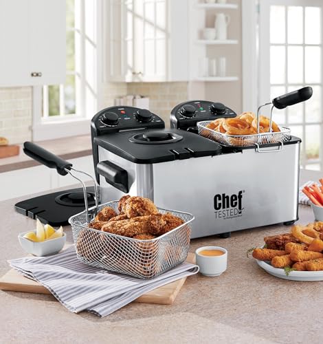 Montgomery Ward Chef Tested Double Tank Deep Fryer, 30-min Timer, Dual Independent Temp Control (Stainless Steel)
