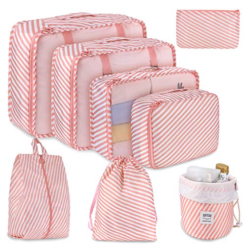 DIMJ Travel Packing Cubes, Luggage Packing Cubes Set with Sturdy Handle Durable Luggage Cubes for Packing Lightweight Travel Clothes Organizer with Makeup Bag, 8 Pack (Pink Stripe)