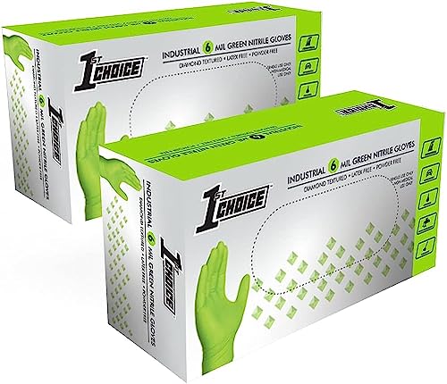 1st Choice 6 mil Mechanic Gloves, Nitrile Gloves Disposable Latex Free - Medium Box of 100 Green Nitrile Disposable Gloves