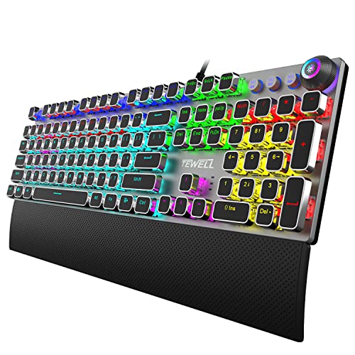 TEWELL Mechanical Gaming Keyboard, Rainbow LED Backlit Typewriter Keyboards with Removable Hand Rest, 104 Anti-ghosting Keys, Quick-Responsible Black Switches for PC, Laptop, Computer