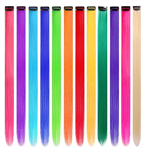 12 Pcs Colored Hair Extensions Colorful Clip in Hair Extensions 21 inch Synthetic Straight Hair Extensions for Kids Girls Women