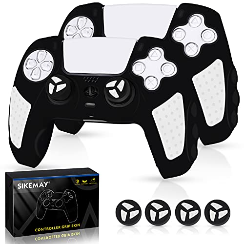 SIKEMAY [2 Pack PS5 Controller Skin, Anti-Slip Thicken Silicone Protective Cover Case Perfectly Compatible with Playstation 5 Dualsense Controller Grip with 4 x Thumb Grip Caps (Black-White)