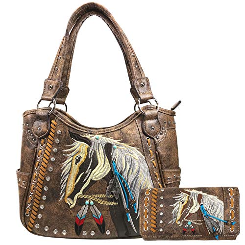 Zelris Dakota Dales Pony Horse Embroidery Mane Western Country Women Conceal Carry Tote Purse with Matching Wallet Set (Brown)