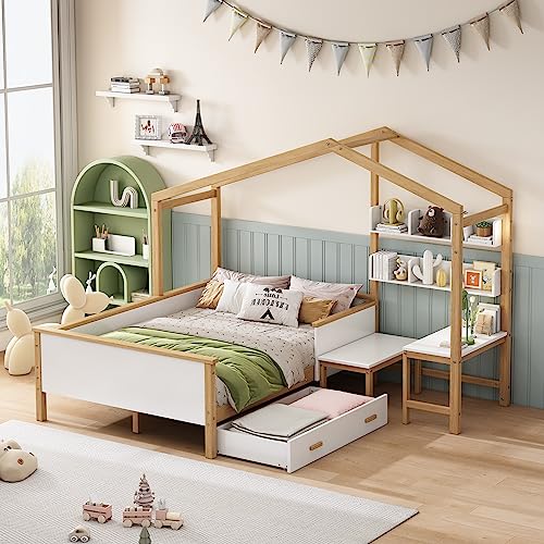Merax Modern Kids House Beds with Drawers/Desk/Shelves, Full Wood Storage Low Bed Frame for Boys,Girls, No Box Spring Need (Full,White)