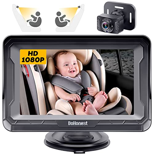 DoHonest Baby Car Camera for Backseat: HD 1080P Easy Setup Carseat Camera Rear Facing Infant - Crystal Night Vision 360° Rotating Car Baby Monitor for 2 Kids - V33