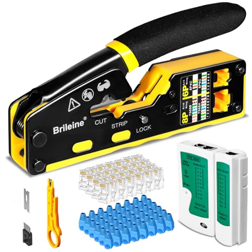 Brileine RJ45 Crimp Tool Pass Through Kit Ethernet Crimper Cat5 Cat5e Cat6 Crimping Tool for RJ11/12 6P/8P with Network Lan Cable Tester, 50PCS CAT6 Connectors, 50PCS Boots, Mini Cable Stripper