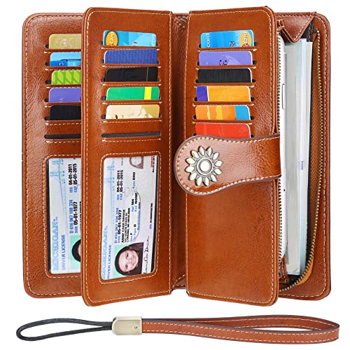 Lavemi Womens Large Capacity Genuine Leather RFID Blocking Wallets Wristlet Clutch Card Holder(Brown)
