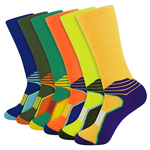 JOYNÉE Mens 6 Pack Athletic Performance Cushion Crew Socks for Running and Workout,Multicolor,Sock Size:10-13