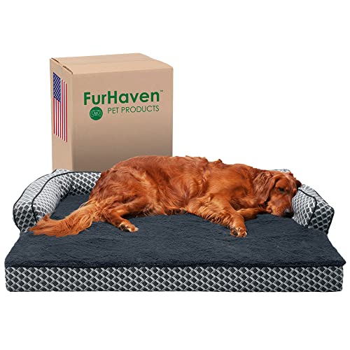 Furhaven Orthopedic Dog Bed for Large Dogs w/ Removable Bolsters & Washable Cover, For Dogs Up to 95 lbs - Plush & Woven Decor Comfy Couch Sofa - Diamond Gray, Jumbo/XL